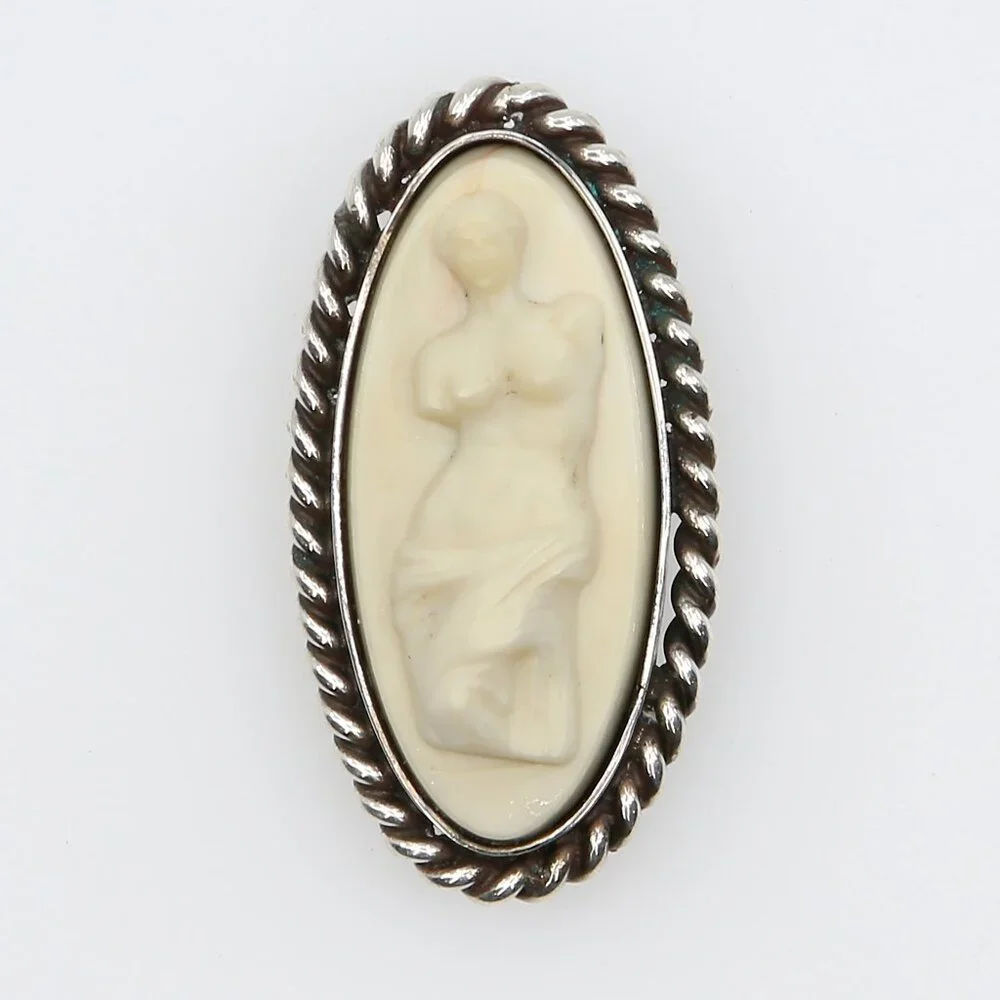 Vintage Hardstone Venus de Milo‎ Carved Cameo Sterling Silver Brooch 1940s-60s